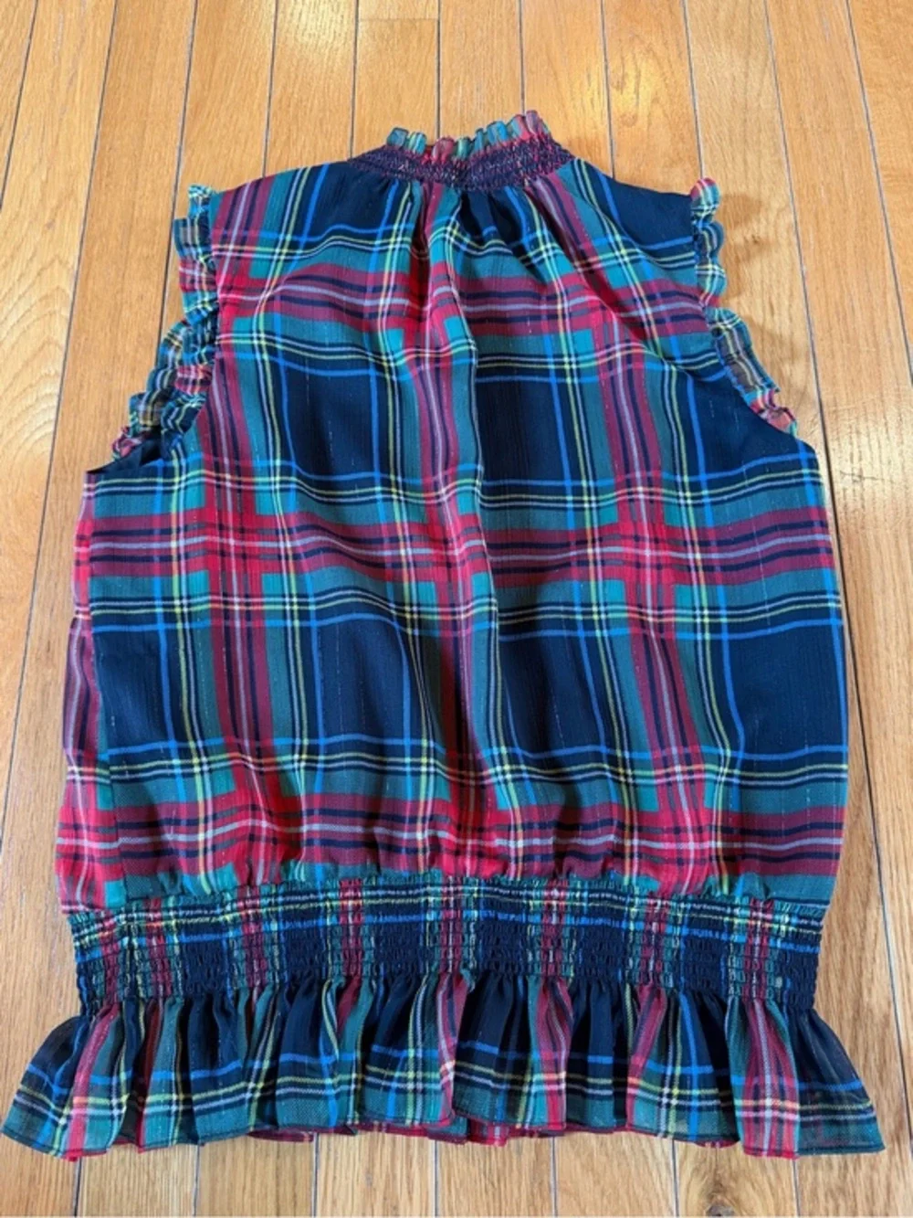 J.Crew Sleeveless Mockneck Top Blouse Gilded Stewart Tartan Smocked Waist Sz 2